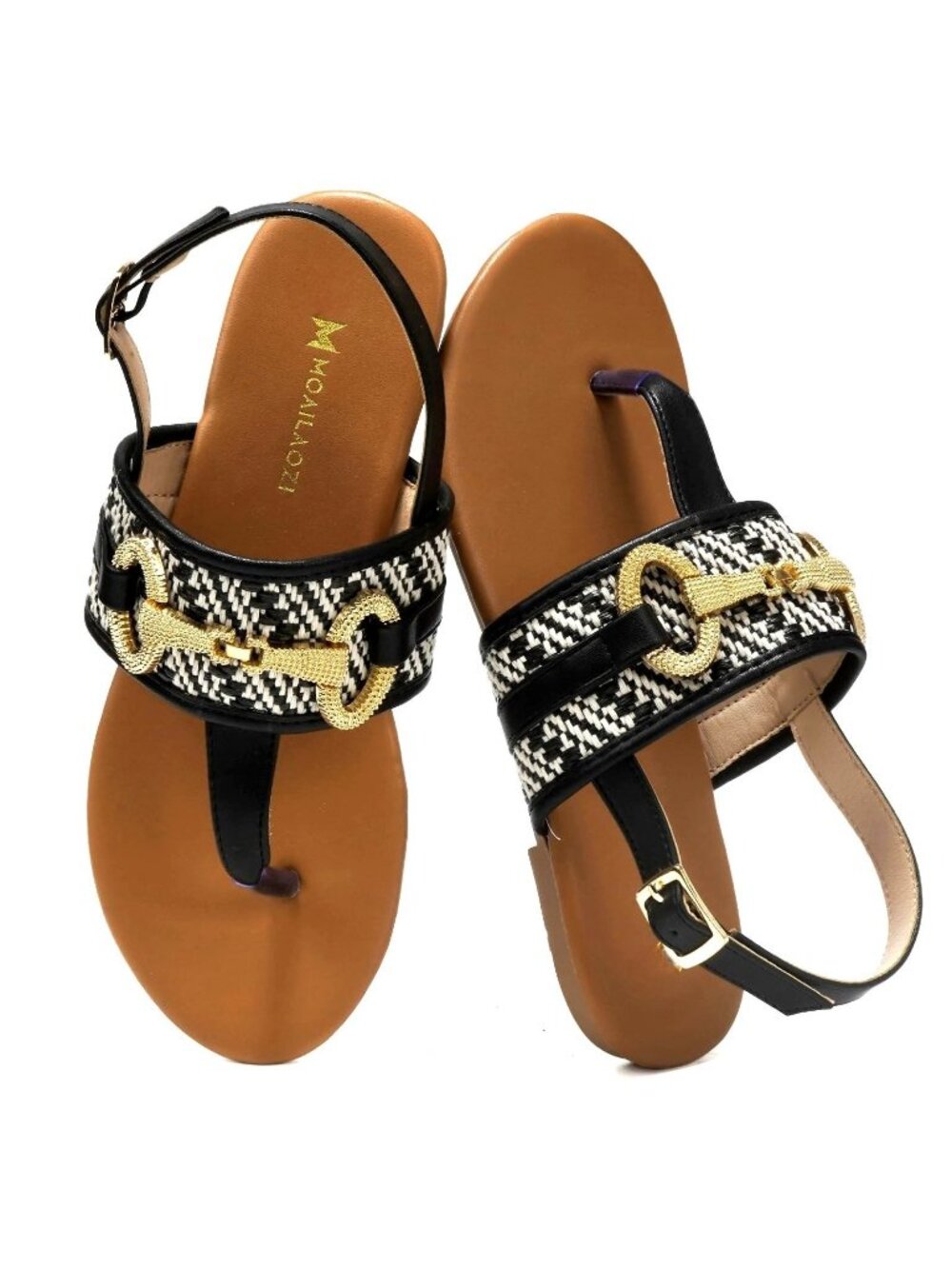Moailaozi Size 9 Sandals Flat Open-Toe Black White Ankle Strap Memory Foam